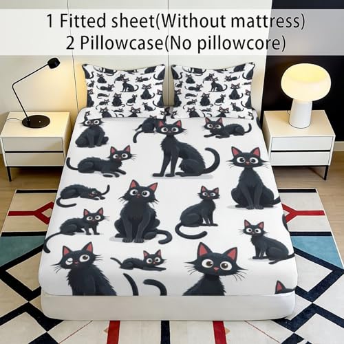 Drap housse chat noir 160x200x25cm en microfibre imprimée 3D