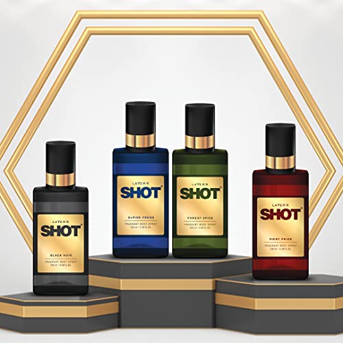 Image of Layer'r Shot Alpine Fresh + Forest Spice + Fiery Pride and Black Noir | Long Lasting Body Spray | Combo Pack of 4 for Men | 130ml