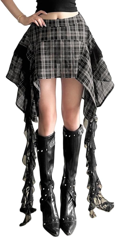 Women's Plaid Skirts Y2K Gothic Irregular Cute Skirts Sexy Lace Hem Club Rave Mini Skirts
