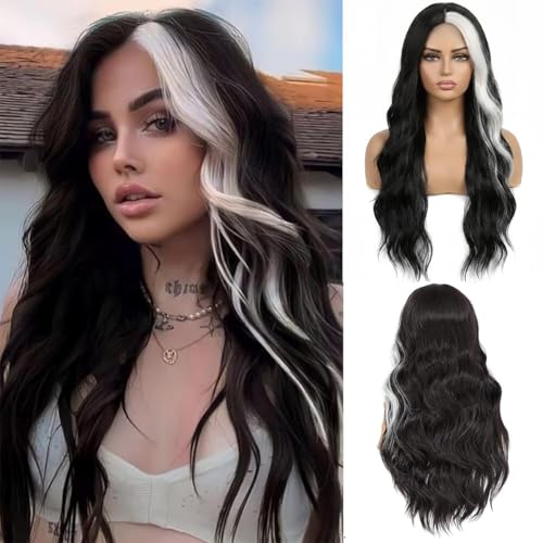 Saecaes Black and White Long Wavy wig for Women Middle Part Curly Wavy Wig Natural Looking Synthetic for Daily Party Use