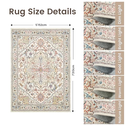 Rugland 5x7 Area Rugs - Stain Resistant Washable Rug, Anti Slip Rugs for Living Room, Vintage Tribal Area Rugs(Medallion 01-Multi, 5'x7')