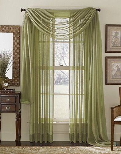 3 Piece Sage Sheer Voile Curtain Panel Set: 2 Sage Panels and 1 Scarf