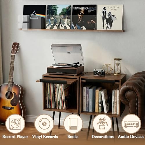 Image of Faesun Flip Top Record Player Stand, End Table Holds up to 100 Albums, Turntable Stand with Record Display, Vinyl Record Storage for Living Room, Bedroom, Walnut