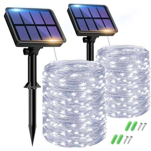 btfarm 2 Pezzi Luci da Esterno Giardino Solari, 15M 150LED Catena Luminosa Esterno Solare, 8 Modalità Impermeabili Filo di Rame Led Lucine Esterno Energia Solare Per Albero Natale, Bianco Freddo