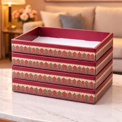 Image of SATYAM KRAFT 6 Pcs Multipurpose Folding Cardboard Gift Box | Premium Paper Hamper Empty DIY Tray for Wedding, Birthday, Gifting, Gift Packaging, Festive Foldable Hampers, Stylish Return Gifts (Without Net) (Maroon)