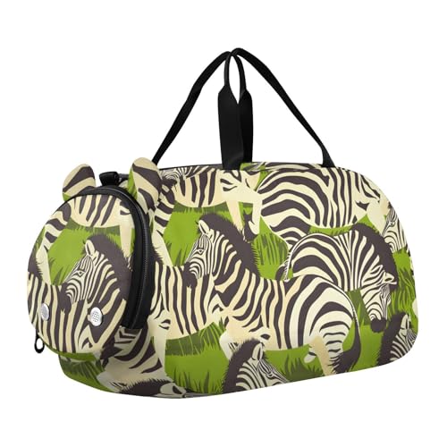 Duffle Bag Kids Gym Bag with Shoes Compartment & Wet Separation Overnight Travel Duffel Bag Zebras and Leaf for Girl Boy