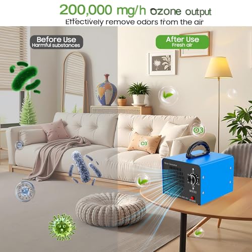Image of Ozone Generator Machine200,000mg /h, High Capacity Ozone Odor Eliminator Removal Air Purifier for Home Car Pet & Basement Odor, Suitable for Spaces up to 7,000 Square Feet, Blue
