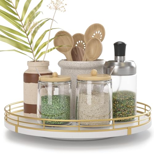 Image of 10 inch Wooden Lazy Susan Turntable for Cabinet - Rotating Spice Rack Organizer, Small Kitchen Countertop Tray for Dining Table & Pantry Storage (White & Gold)