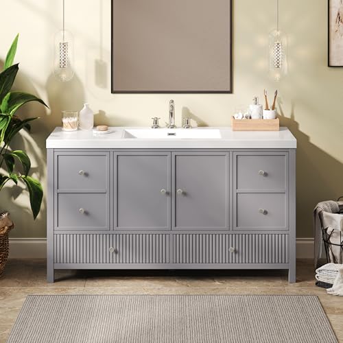 60 Inch Grey Bathroom Vanity with Single Sink Large Bathroom Vanity with Spacious Countertop & Deep SMC Sink with 4 Drawers & 2 Soft Closing Doors Silver Knobs Slated Front 8 Inch Faucet Hole