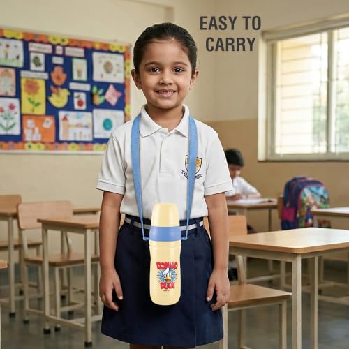 Image of MILTON Disney Kool Cheer 600 Plastic Insulated Thermo Water Bottle with Straw for School Kids I Food Grade, Leak Proof Lid with Hands Free Sipper, Easy to Carry Loop, Picnic, BPA Free, 520 ml, Beige
