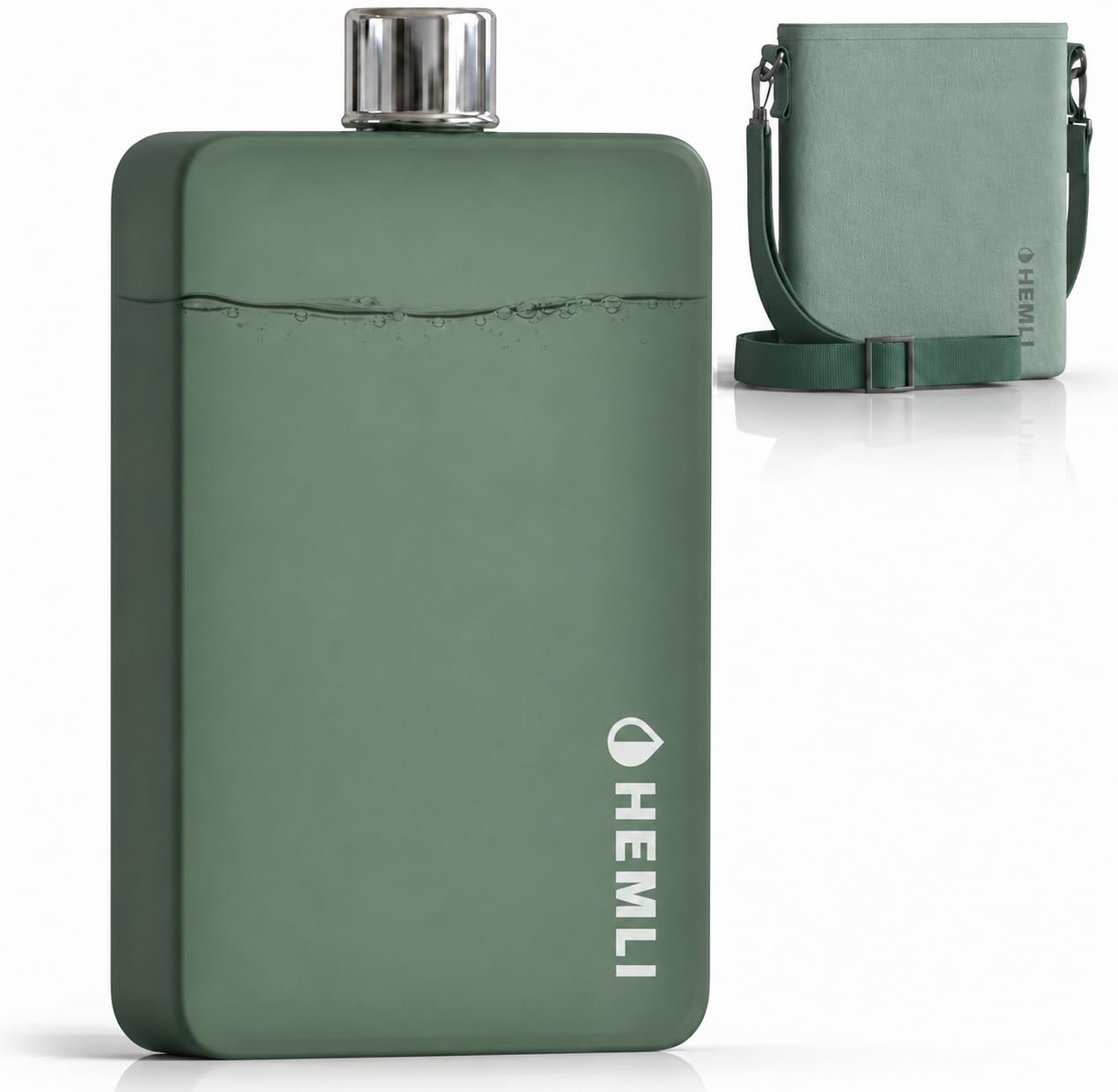 Hemli 14 oz Flat Water Bottle with Carrying Case – Thin Square Travel Water Bottle Fits in Purses & Bags – Shatterproof BPA-Free Tritan Plastic – Leakproof Silicone Seal (Sage) — image 1
