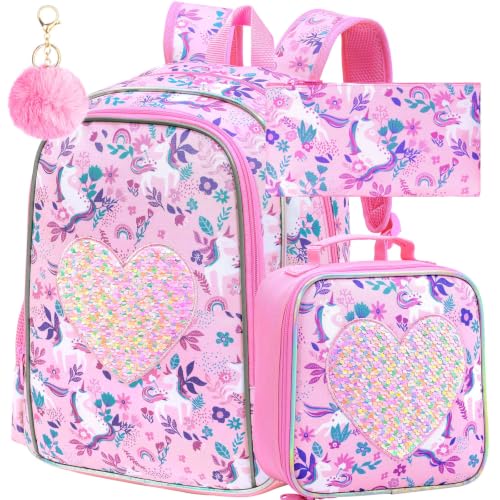 Image of 3Pcs Unicorn Backpack for Girls, 16 inch Sequin Kids Bookbag with Lunch Box，School Backpacks for Elementary Preschool Kindergarten (Pink)