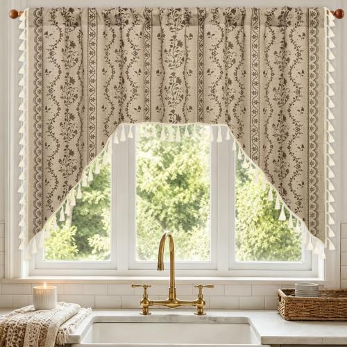 Image of Yinhua Boho Swag Valance Curtains Vintage Linen Valances for Windows Light Filtering Floral Kitchen Valance Rod Pocket Rustic Tassel Window Valances for Bathroom Cafe, 60 inch W x 36 inch L, Beige Brown