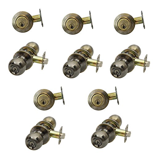 NU-SET 2895-3 5 Sets of Keyed Alike Entry Door Knob/Single Cylinder Dead Bolt Combo - In Antique Brass, Keyed Same