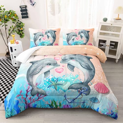 Image of AILONEN Dolphin Comforter Set Queen Size, Kawaii Jumping Dolphin Bedding Set for Kids Girls,Ocean Theme Bed in a Bag Duvet Set,3 Pieces,1 Quilt and 2 Pillowcases,Soft Microfiber