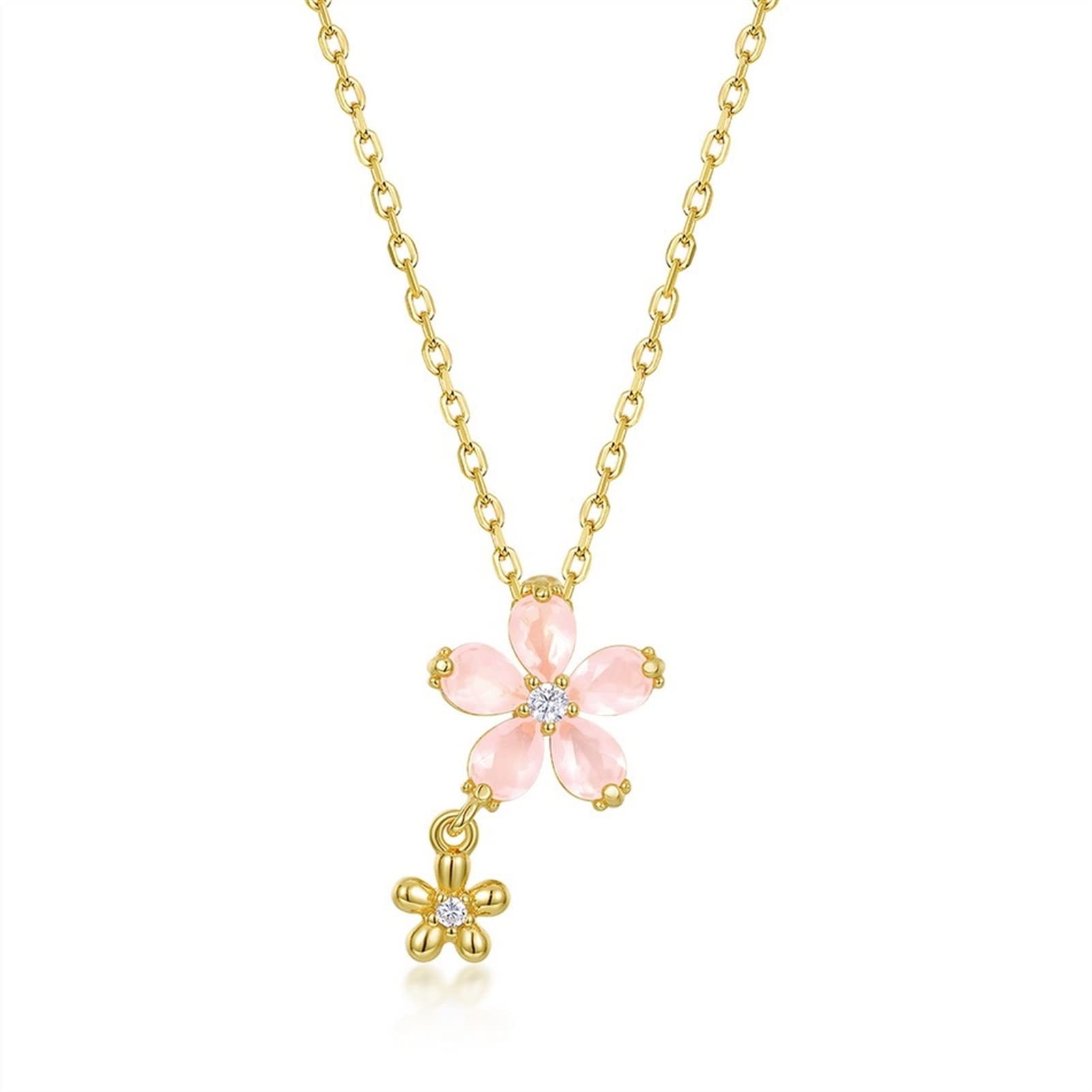 Collares Colgante de Plata de Ley 925 para mujer, joyería de flor de circón de cuarzo rosa sintético, collar elegante exquisito para mujer
