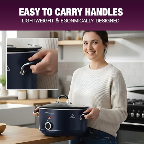 Image of Andrew James 3.5L Slow Cooker - Sear-to-Simmer - Large Hob-Proof Aluminium Pot, Shatter-Resistant & Easy-Clean Design 3 Heat Settings & Glass Lid, Ideal for Family Meals (Midnight Blue)