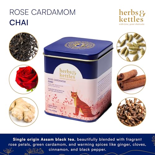 Image of Herbs & Kettles Chai - Rose Cardamom | Assam Black Tea with Rose Petals, Green Cardamom, Ginger, Cinnamon & Cloves | Floral Loose Leaf Blend | Makes 10-14 Servings | Premium Gift for Tea Lovers