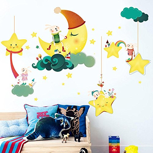 Decals Design 'Cute Cartoon Moon Stars Clouds with Rabbit Family' Wall ...