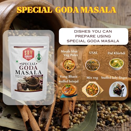 Image of SRV Spices Goda Masala - 250gm | Traditional Maharashtrian spices | Iron Pounded, Sweet Aroma, Preserves Natural Oils | Brahmani Puneri Kala Masala for Dal, Khichdi, Veg Curries & Bhaji