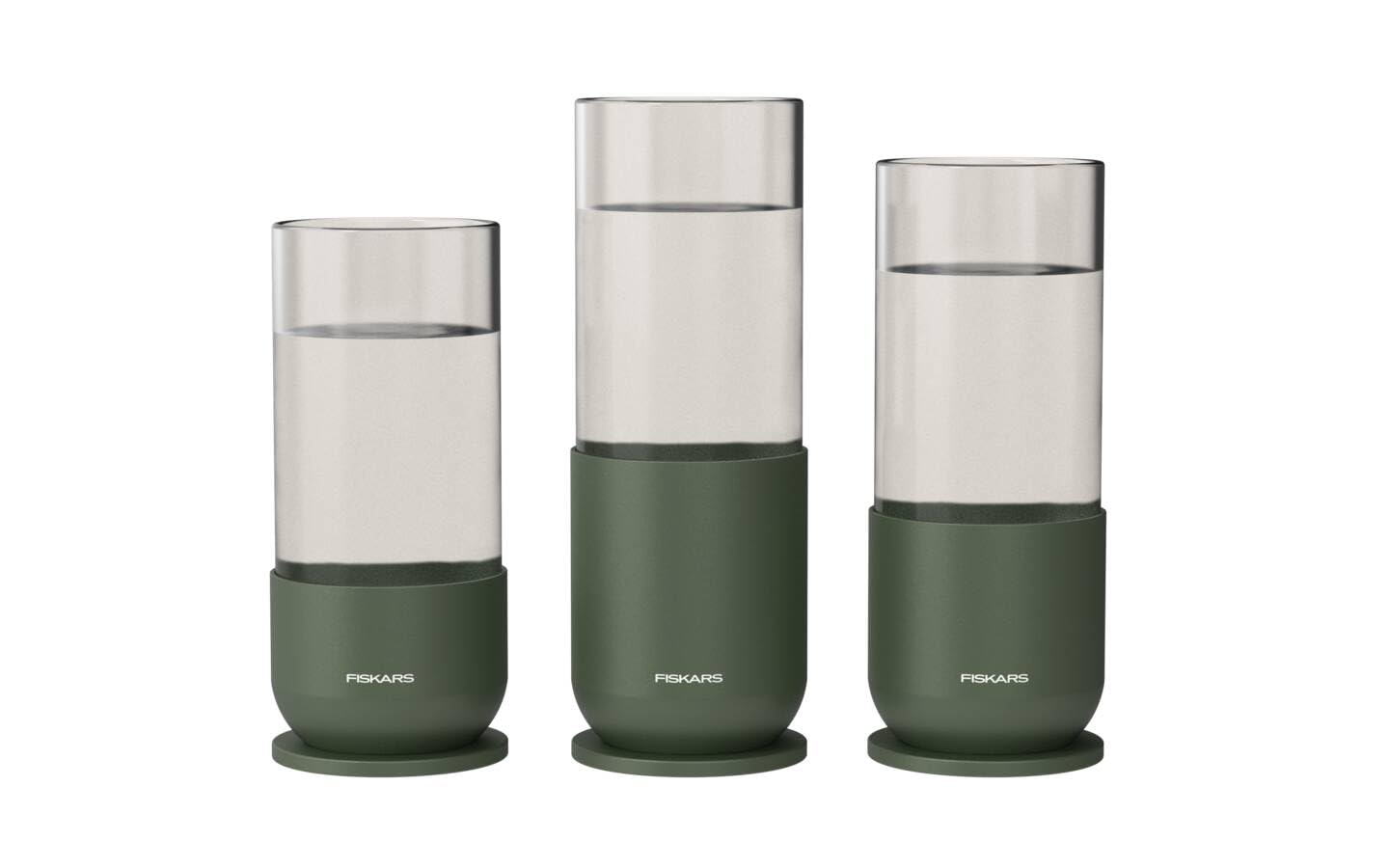 Fiskars Urban Plant Care Set de Pots de Culture, 3 Pcs | Pour la Propagation des Boutures, 3 Pots en Verre et 3 Supports en Métal, Vert Olive, 1080910