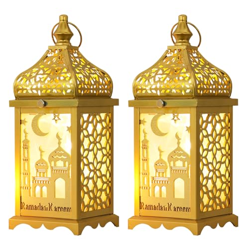 DECORKEY Ramadan Decorations for Home, 2Pcs 12'' Decorative Candle Lantern for Tabletop Mantel Decor, Vintage Metal Lantern Candle Holders for Indoor Outdoor Decor, EID Mubarak Gift