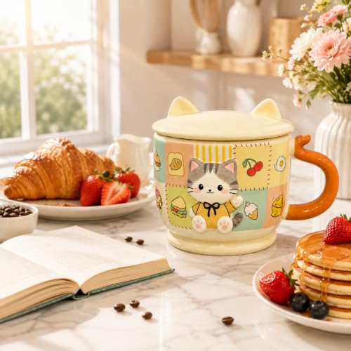 Image of Vasukie Cute Cat Ceramic Coffee Mug with Cat Ears Lid & Tail Handle | 3D Patchwork Tea Cup for Milk, Soup, & Hot Cocoa | Kawaii Brown Drinkware Gift for Cat Lovers (Character May Vary)