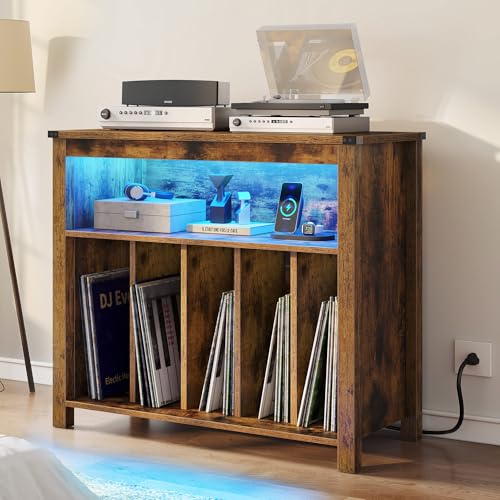 DWVO LED Glow Turntable Stand Storage Cabinet with Integrated Power Ports & Rotating Display Racks | Modern Album Organizer for Living Room Turntable Setup, Vintage Brown