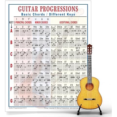 Mini Guitar Chord Chart Poster - Laminated Guitar Progressions Chord Poster for Beginners and Musicians - Guitar Chord Trainer - Acoustic Guitar Accessories - 8.5" x 11" - Walrus Productions Cover