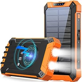 GOODaaa Power Bank Wireless Charger 36000mAh Built in 4 Cables Six Outputs 15W Fast Charging Power Bank for All Mobile Devices Three Inputs Solar Portable Charger with Dual Flashlights, Carabiner