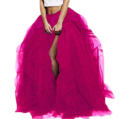 WDPL Long Women's Special Occasion Slit Tulle Evening Skirt (Fushia, Medium)