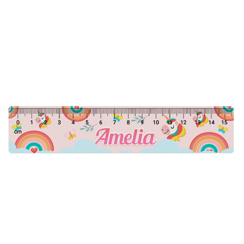 Personalised with Any Name Unicorn Rainbow Ruler, Back to School Gift Metric Rulers with Centimeters, Straight Rulers for Students. (15 cm)