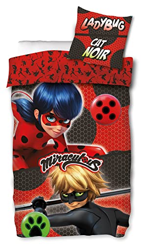 Miraculous Ladybug Kinder-Bettwäsche Duo Rot 135 x 200 + 80 x 80 cm 100% Baumwolle Renforcé-Linon-Qualität Lady Bug Marinette Dupain-Cheng Adrien Cat Noir Paris Tikki Plag deutsche Größe 053-B