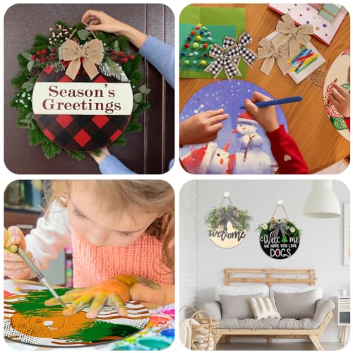 DIYDEC 6 Pack Wood Circles for Crafts 14 Inch Unfinished Wood Slices Blank Wooden Door Hanger Sign Round Wood Discs with Bows Twine Glue Point for DIY Crafts Painting Christmas Home Holiday Decor