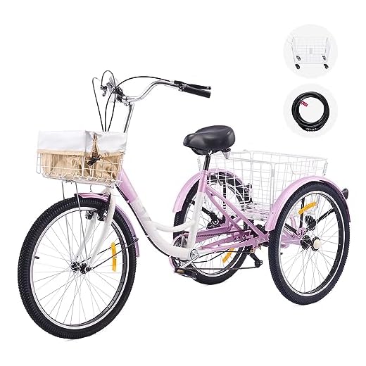 Viribus Adult Tricycle, 7 Speed Tricycle for Adults, 26" 3 Wheel Bikes for Adults with Baskets, Adult Tricycles for Women Seniors Men, Three Wheel Tricycle for Dogs Beach, Cargo Trike Tricycle Lilac