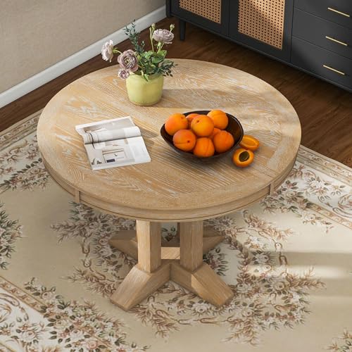 Image of 42 inch Round Extendable Dining Table for 4-6, Functional Round Extendable Wood Folding Mid Century Modern Round Dining Table for Dining Room Kitchen, Restaurant, Cafe, Natural