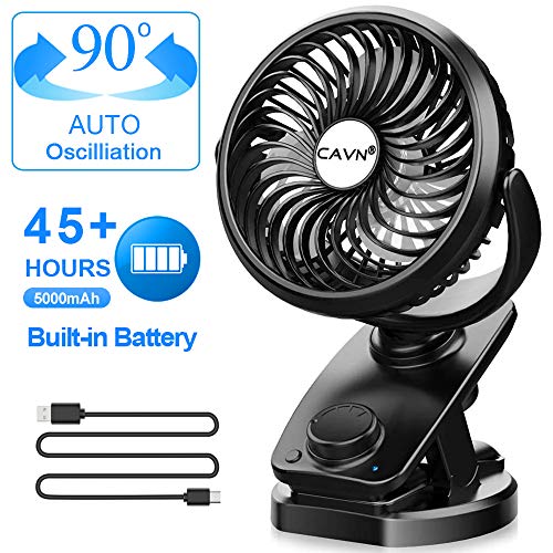 CAVN Stroller Fan Clip on, Max 45 Hours Oscillating Fan, 5000mAh Rechargeable Battery