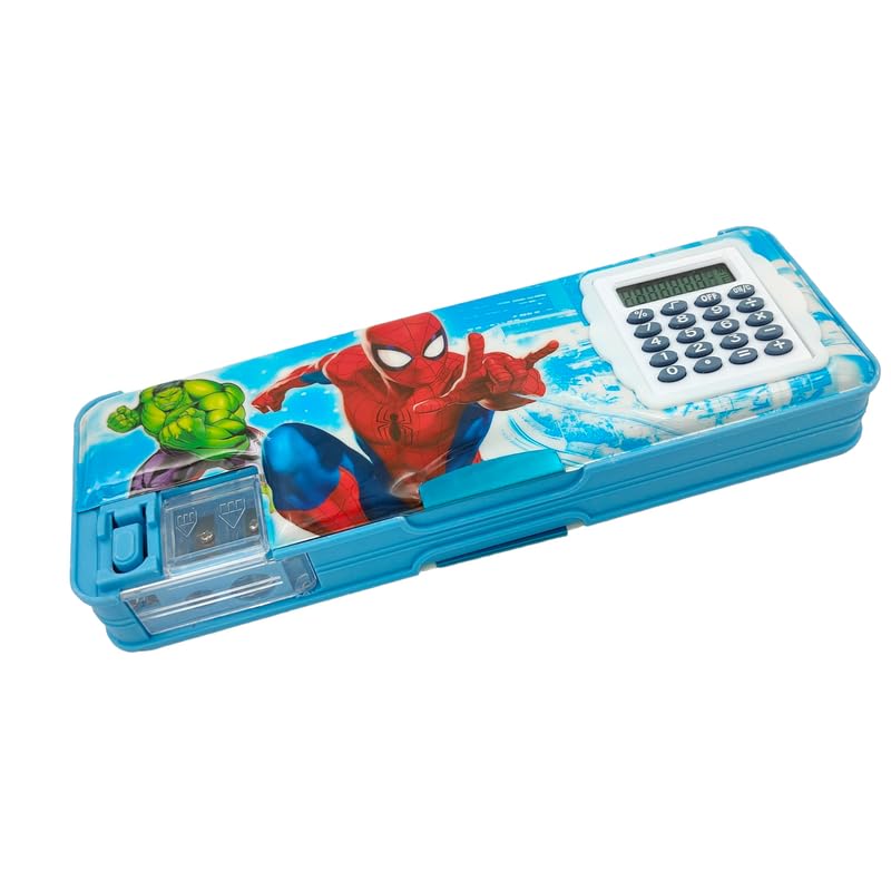 Image of Spiderman Pencil Box Integrated Sharpener and Calculator, Magnetic Lock, Dual Compartments, Cartoon Stationery Case School Kit for Girls, Kids, Students Combo Set of 6in1
