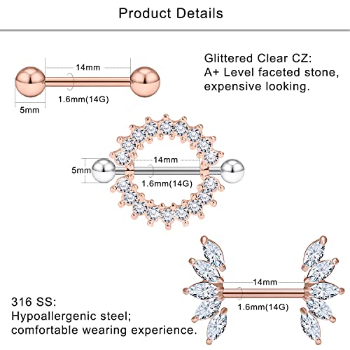 Lcolyoli 14G Surgical Steel Nipple Rings Nipple Shield Barbell Ring Bar Nipple Piercing Jewelry for Women Clear Diamond CZ Set2