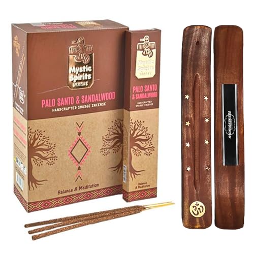 Aromasenses.- Incienso Palo Santo y Sandalo Natural Hecho a Mano Mystic Spirits - Caja Completa con 12 Cajetillas de 8 Varillas Cada una + 1 Tablilla Aromasenses (Palo Santo Y Sandalo)