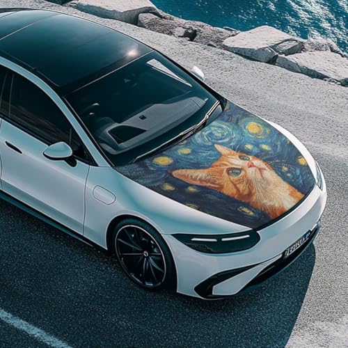 Image of Starry Sky Cat Car Hood Cover Weatherproof Automotive Exterior Accessories Universal Fit Hood Covers for Cars, Trucks, SUV, or Van Full Coverage with Elastic Band