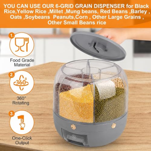 Image of proxin 6 Grid Rotating Rice Dispenser Container Airtight Multi Grain Storage Box Kitchen Food Storage Container for Rice Dal Pulses Cereal Dry Food Storage Organizer (Grey)