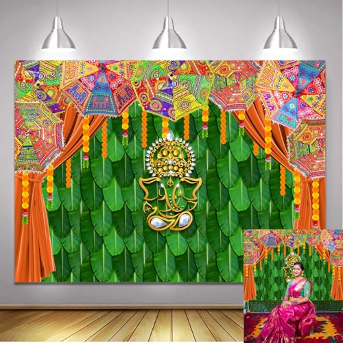 India Pooja Traditional Backdrop 2.4x1.8m Marigold Green Banana Leaf Ganesh