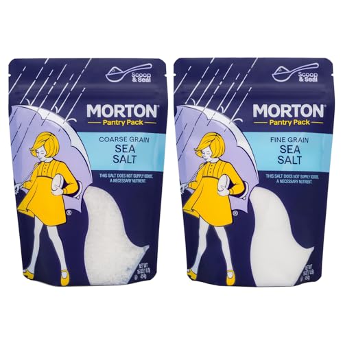 Morton Sea Salt Fine 1 lb. Pouch & Sea Salt Coarse 1lb Pouch, Bundle 2-Pack, All-Natural, Perfect for Baking, Blending, Cooking & Finishing