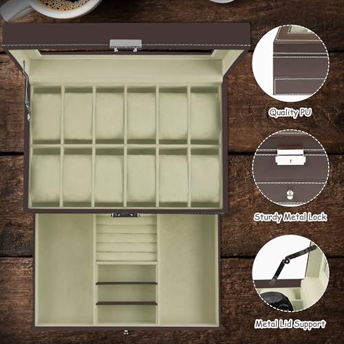 Image of Ogrmar 12 Slot PU Leather Lockable Watch Storage Boxes, Men & Women Jewelry Display Drawer Case, 2-tier Organizer Watch Showcase with Glass Lid (Brown)