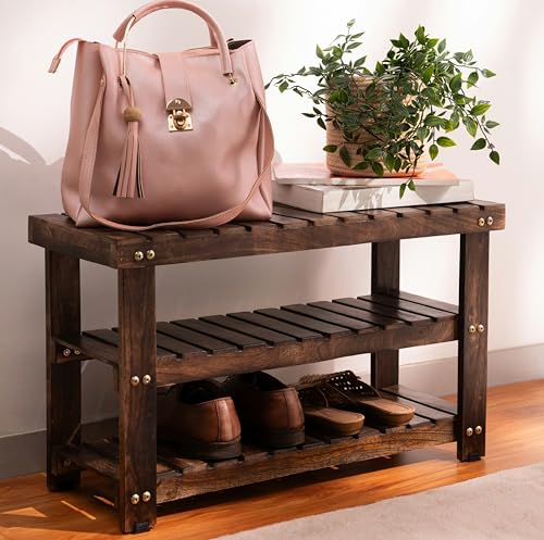 UHUD CRAFTS Solid Wood Shoe Rack, 3-Tier Wooden Shoes Organizer for Home & Hallway