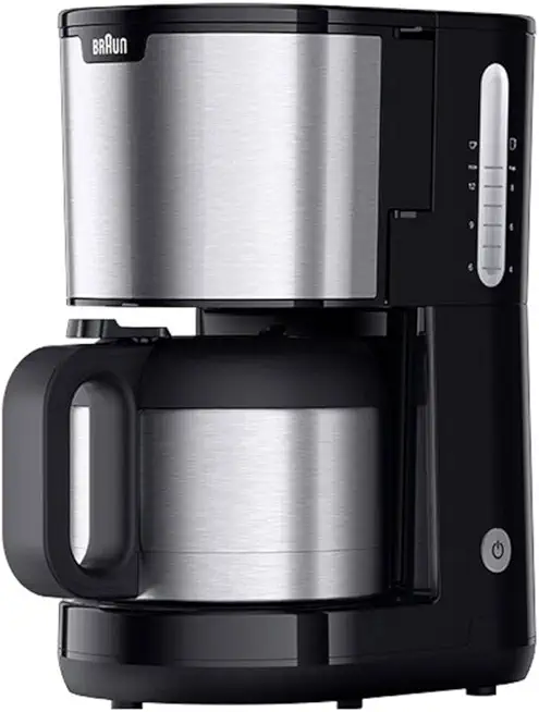 Braun PurShine KF1505 BK Filterkaffeemaschine, 1,2L Edelstahl-Thermokanne für bis zu 9 Tassen, OptiBrew-System, Tropf-Stopp-Funktion, schwenkbarer Filterkorb, Automatische Abschaltung, 1000W, Schwarz