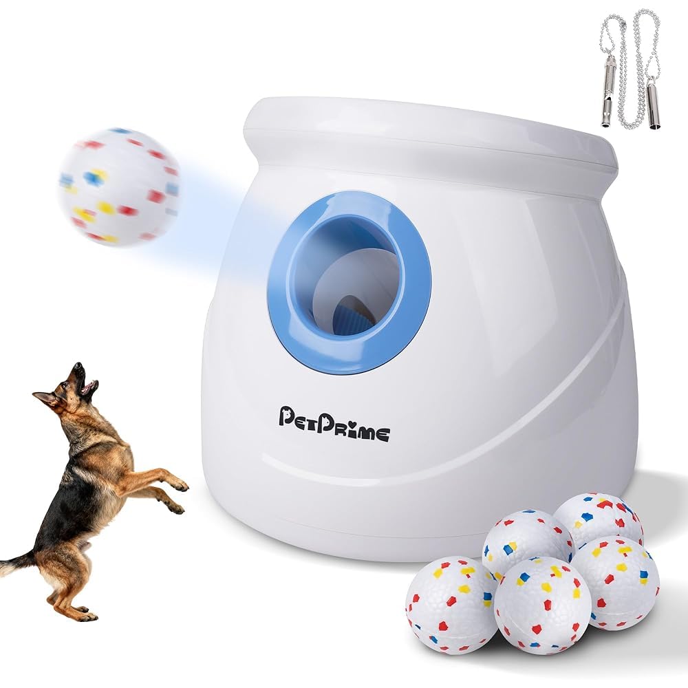 Pet Prime Upgrade Groß Automatischer Ballwerfer für Hunde, interaktives Ballwurfmaschine für große Hunde mit Reichweite von 3 bis 20 Metern, mit 6X 6,35cm ETPU-Bällen und Trainingspfeife