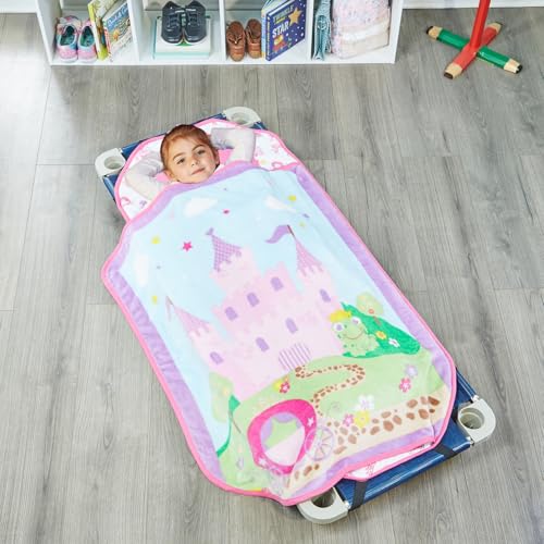 Image of EVERYDAY KIDS Cute Preschooler and Toddler Cot Nap Mat for Home, Daycare, Preschool and Kindergarten; Easy to Roll Sleeping Mat with Elastic Straps, Pillow and Blanket