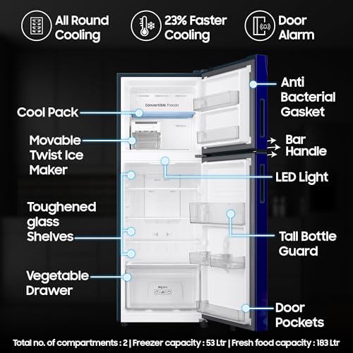 Image of Samsung 236 L, 2 Star, Convertible, Digital Inverter Frost Free Double Door Refrigerator (RT40H28U2HSHL, Hydrangea Blue, 2026 Model)